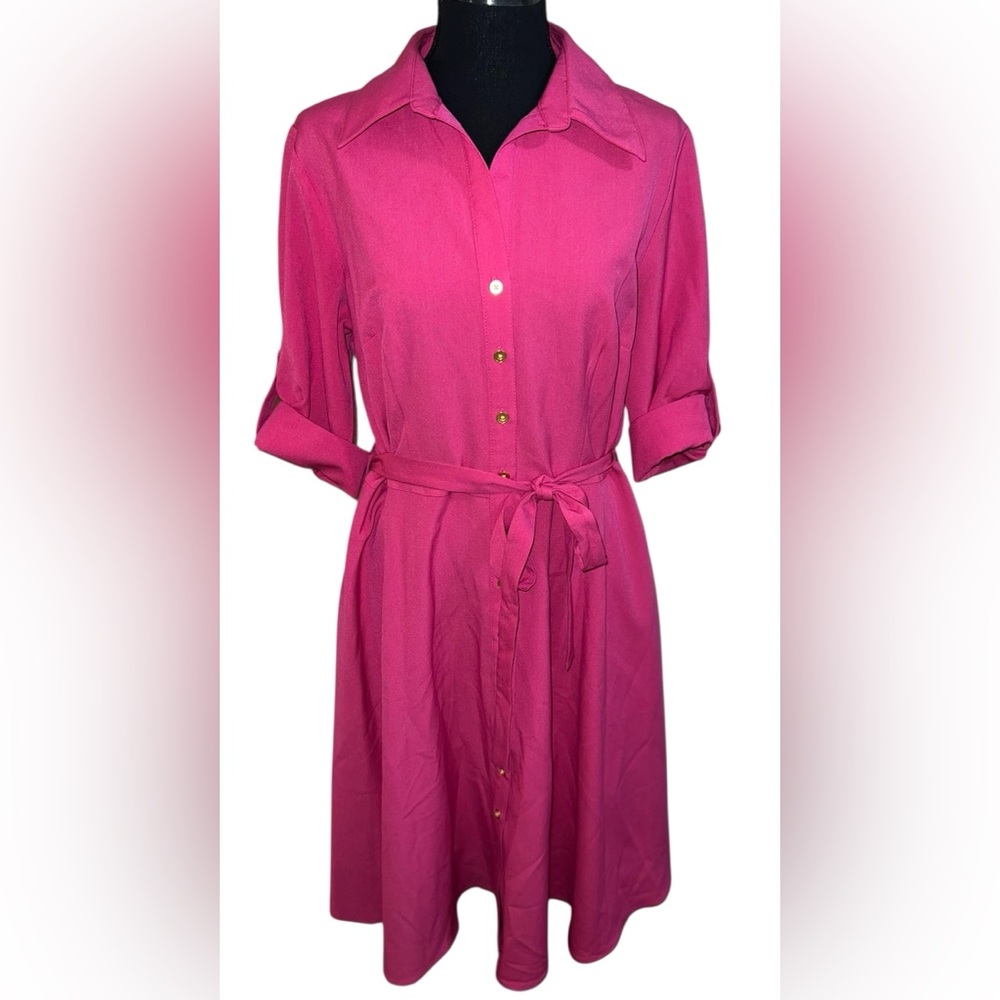 Sharagano Collared Mid length Tie Waist Solid Scuba Crepe Dress Pink Sz 12 NEW